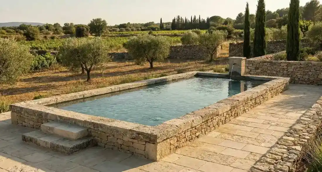 Piscine béton rectangulaire avec plage en pierre naturelle — pisciniste Hérault Robert Gil