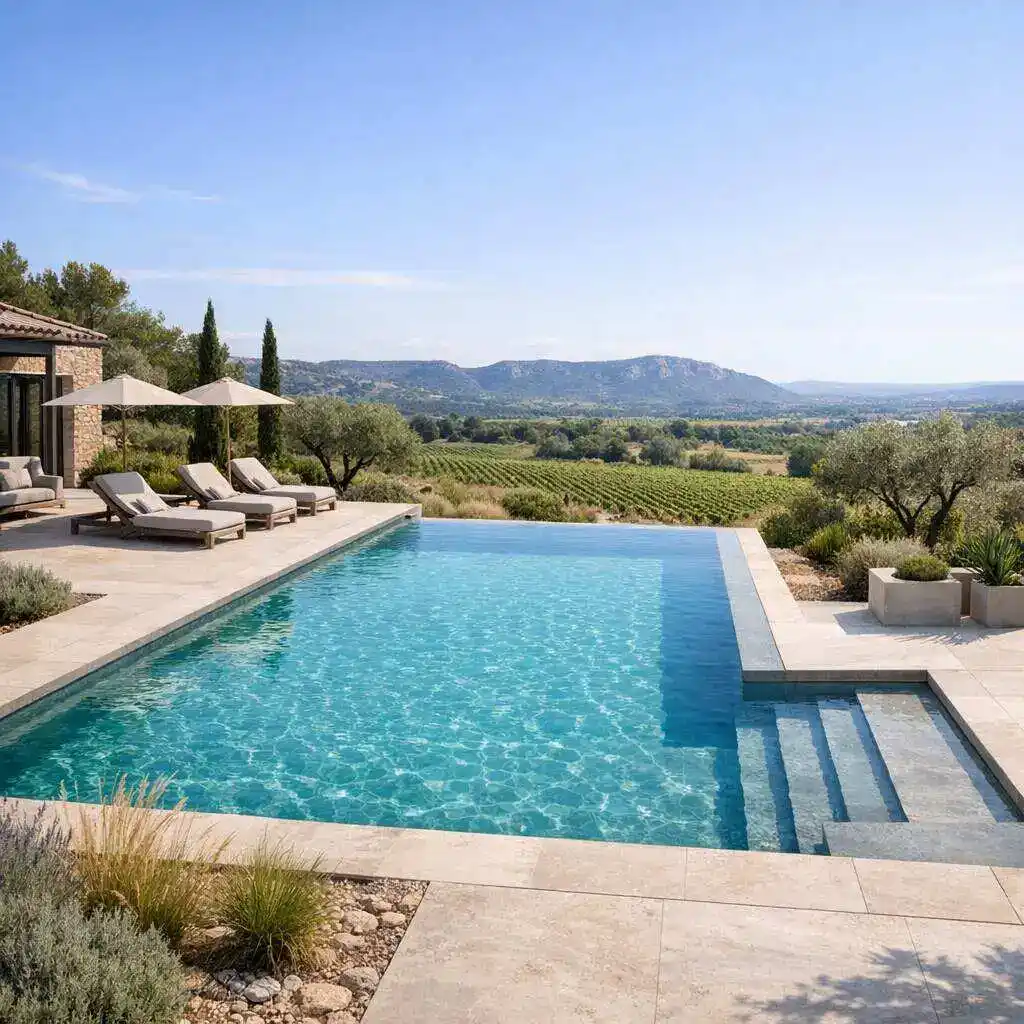 Piscine à débordement avec dalles en pierre beige — Robert Gil pisciniste Hérault